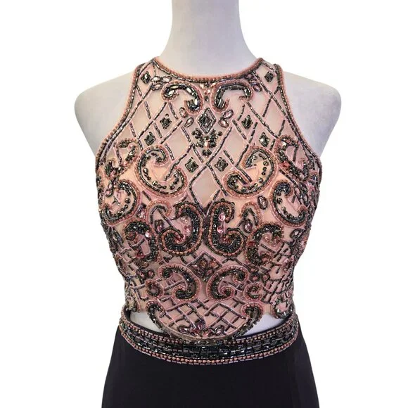 Sherri Hill Two Piece Shimmery Sleeveless Cross Stitch Beaded Gown Size 4 - Picture 5 of 12